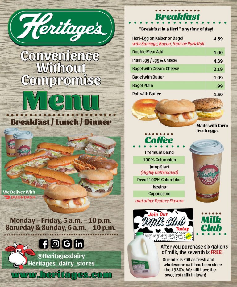 Full Menu Heritage's Dairy Stores